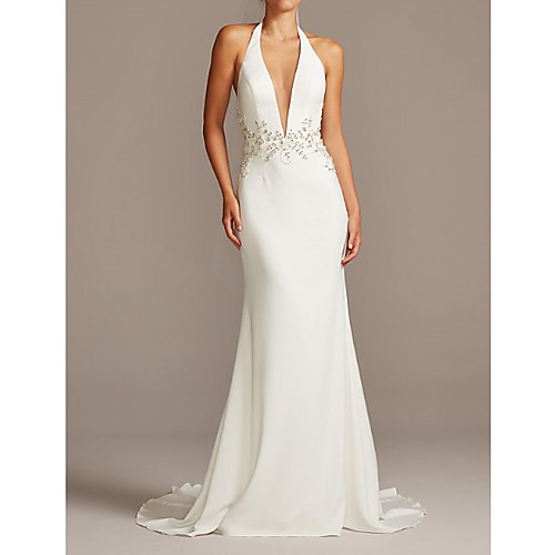 

Mermaid / Trumpet Wedding Dresses Halter Neck Plunging Neck Sweep / Brush Train Polyester Sleeveless Country Plus Size with Beading 2020