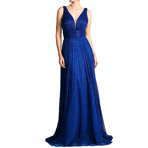 

Sheath / Column V Neck Sweep / Brush Train Chiffon Minimalist / Blue Party Wear / Formal Evening Dress with Pleats 2020