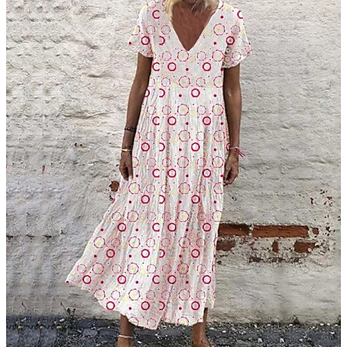 

Women's Yellow Blushing Pink Dress Swing Geometric V Neck S M Loose