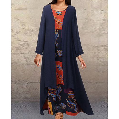 

Women's Maxi Shift Dress - Long Sleeve Print Elegant Loose Orange Navy Blue M L XL XXL XXXL XXXXL XXXXXL