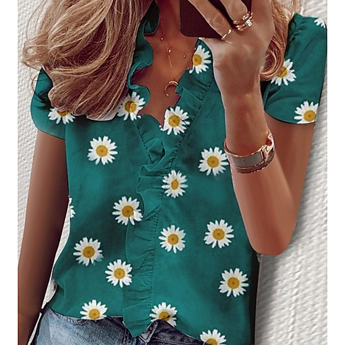 

Women's Daily T-shirt - Geometric Ruffle / Print V Neck Yellow