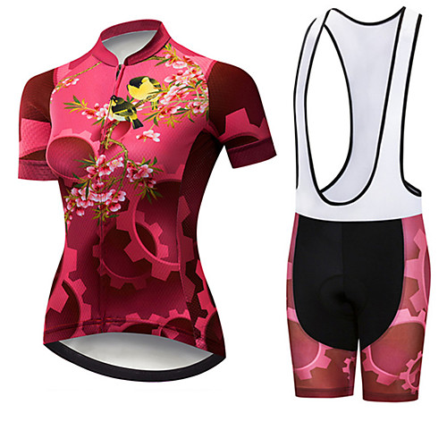 

21Grams Women's Short Sleeve Cycling Jersey with Bib Shorts Black / Red Floral Botanical Bird Gear Bike Clothing Suit Breathable 3D Pad Quick Dry Ultraviolet Resistant Sweat-wicking Sports Floral