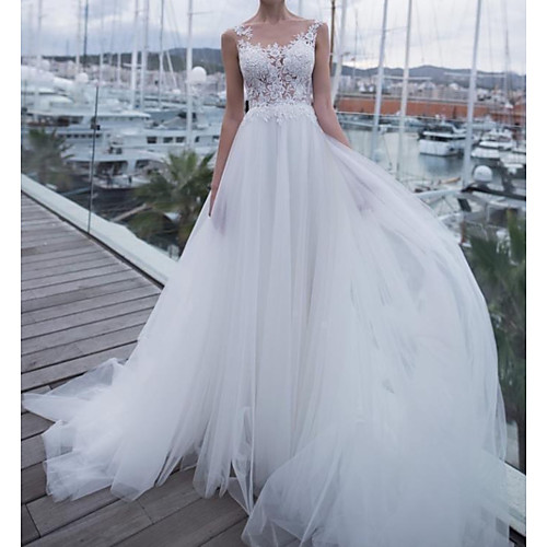

A-Line Scoop Neck Sweep / Brush Train Polyester Sleeveless Country Plus Size Wedding Dresses with Lace Insert / Appliques 2020