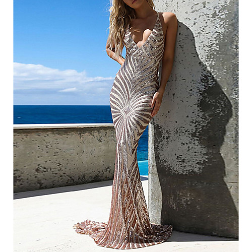 

Mermaid / Trumpet V Neck Sweep / Brush Train Polyester Sexy / Sparkle Party Wear / Prom Dress with Sequin 2020
