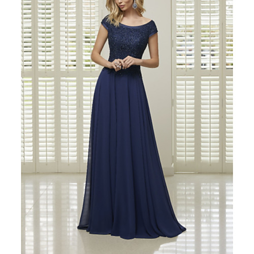 

A-Line Bateau Neck Floor Length Chiffon / Lace Short Sleeve Elegant Mother of the Bride Dress with Pleats Mother's Day 2020