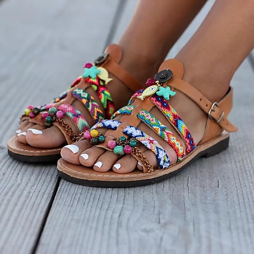 

Women's Sandals 2020 Flat Heel Open Toe Beading PU Minimalism Walking Shoes Summer Light Brown