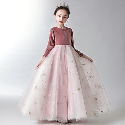 

A-Line Floor Length Party / Pageant Flower Girl Dresses - Polyester 3/4 Length Sleeve Jewel Neck with Appliques / Paillette