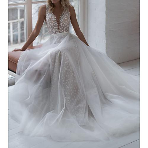 

A-Line V Neck Sweep / Brush Train Lace / Tulle Sleeveless Country Plus Size Wedding Dresses with Embroidery / Crystal Brooch 2020