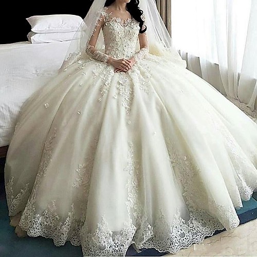 

A-Line Scoop Neck Court Train Organza Long Sleeve Sexy Wedding Dress in Color Wedding Dresses with Appliques 2020