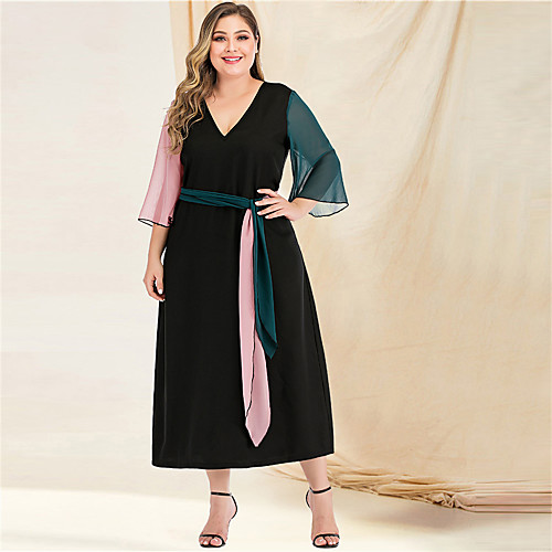 

Women's Plus Size Maxi A Line Dress - Long Sleeve Color Block Solid Color Patchwork V Neck Casual Street chic Going out Beach Flare Cuff Sleeve Black L XL XXL
