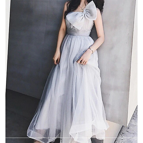 

A-Line Minimalist Grey Wedding Guest Prom Dress Strapless Sleeveless Floor Length Tulle with Bow(s) Pleats 2020