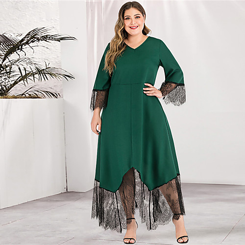 

Women's Green Dress Casual Elegant Spring & Summer Party Daily A Line Sheath Lace Solid Color Flare Cuff Sleeve Lace L XL