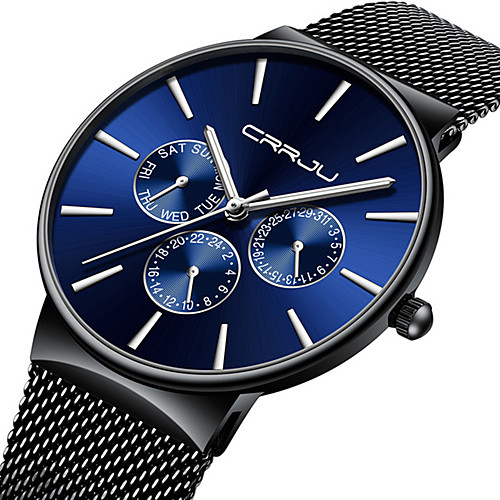 

Men's Steel Band Watches Quartz Stylish Stainless Steel Black / Blue / Silver 30 m Water Resistant / Waterproof Calendar / date / day Three Time Zones Analog Casual - BlackGloden Blue Silver One