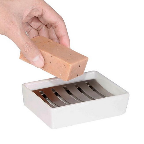 

304 Stainless Steel Rectangular Soap Dish Soap Tray Double Drain Ceramic Soap Box Creative Bathroom Soap Box