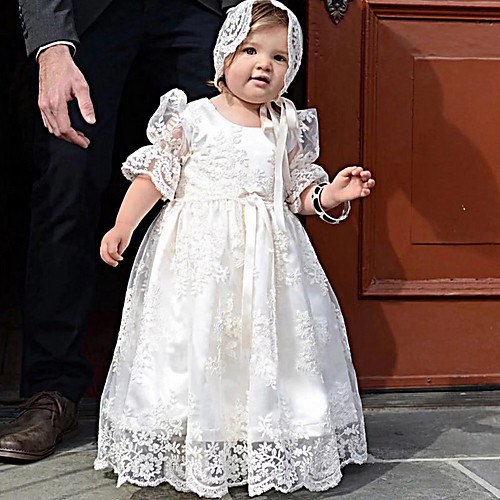 

Princess Floor Length First Communion Christening Gowns - POLY Short Sleeve Jewel Neck with Lace / Bow(s) / Appliques