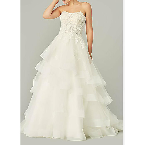 

Ball Gown Wedding Dresses Strapless Sweep / Brush Train Tulle Polyester Sleeveless Country Plus Size with Ruffles Embroidery 2020