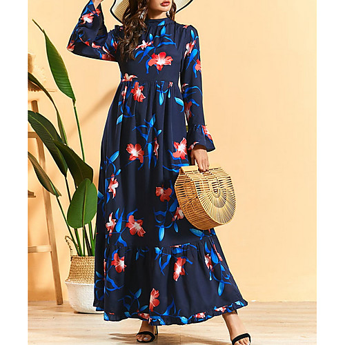 

Women's Maxi Navy Blue Dress Swing Floral Turtleneck M L