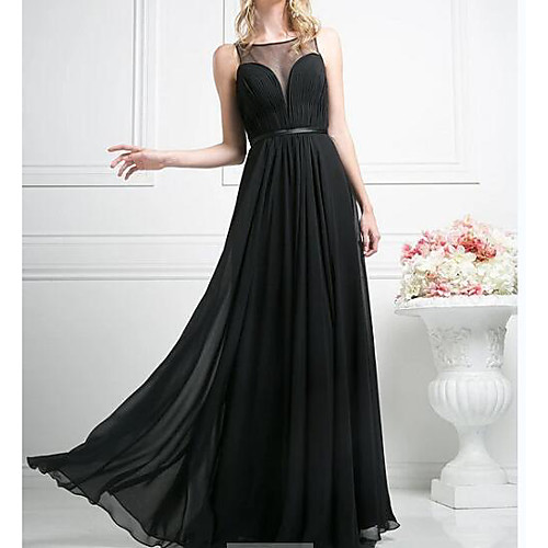 

A-Line Illusion Neck Floor Length Chiffon Empire / Black Wedding Guest / Prom Dress with Sash / Ribbon / Pleats 2020