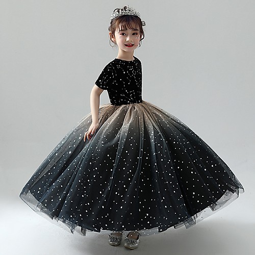 

Ball Gown Floor Length Party / Pageant Flower Girl Dresses - Polyester Short Sleeve Jewel Neck with Paillette