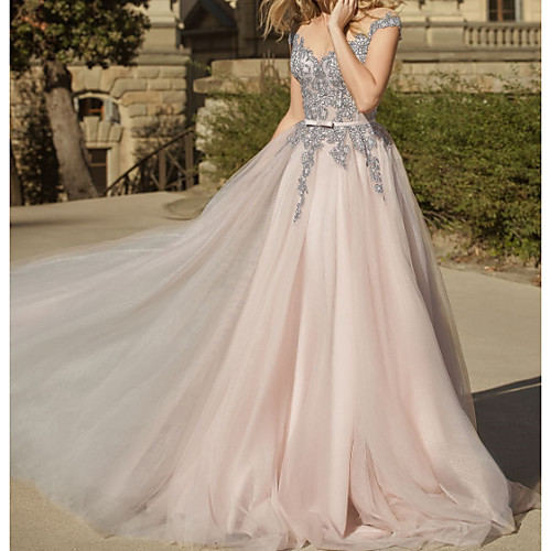 

A-Line Jewel Neck Sweep / Brush Train Lace / Tulle Short Sleeve Country Plus Size Wedding Dresses with Embroidery / Appliques / Crystal Brooch 2020