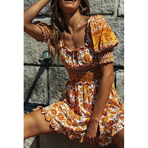 

Women's Yellow Dress Boho Sexy Spring & Summer Daily Going out A Line Sheath Floral Print Color Block Lantern Sleeve Daisy Print S M