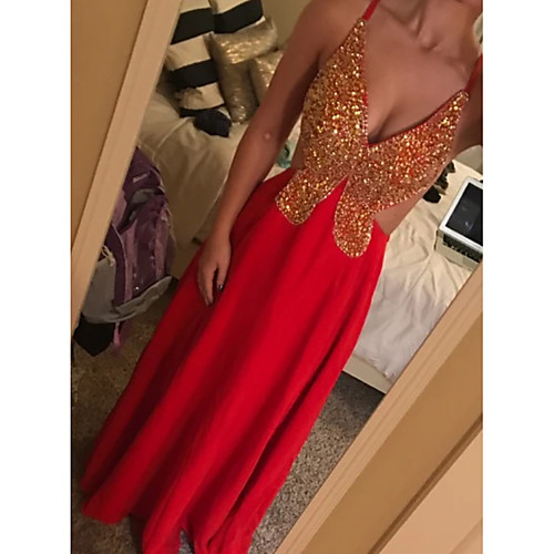

Sheath / Column Sexy Sparkle Party Wear Prom Dress Spaghetti Strap Sleeveless Floor Length Chiffon with Beading Sequin 2020