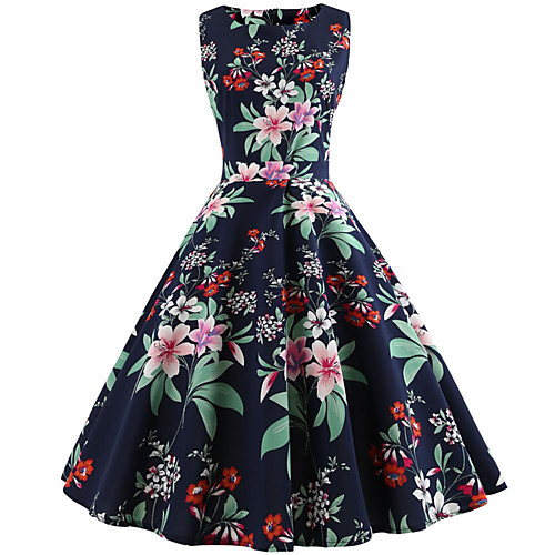 

Women's Navy Blue Dress Vintage Style Active Party Daily Swing Floral Print Patchwork Print S M