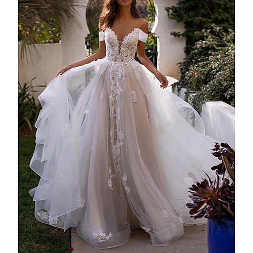 

A-Line Off Shoulder Sweep / Brush Train Lace / Tulle Sleeveless Country Plus Size Wedding Dresses with Lace / Appliques 2020