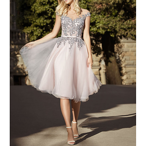 

Short Homecoming Cocktail Party Dress 2020 A-Line Elegant Illusion Neck Knee Length Multi-Layered Tulle Gown