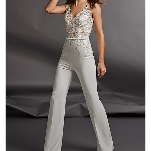 

Jumpsuits V Neck Floor Length Chiffon Sleeveless Country Plus Size Wedding Dresses with Sashes / Ribbons / Appliques 2020