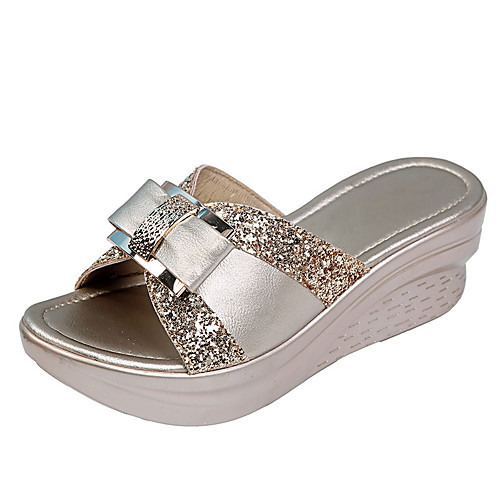 

Women's Slippers & Flip-Flops 2020 Wedge Heel Open Toe Sparkling Glitter PU Classic / Sweet Spring & Fall / Spring & Summer Gold / Silver / Party & Evening