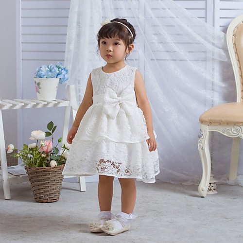 

A-Line Tea Length First Communion Christening Gowns - Polyester Sleeveless Jewel Neck with Lace / Bow(s)