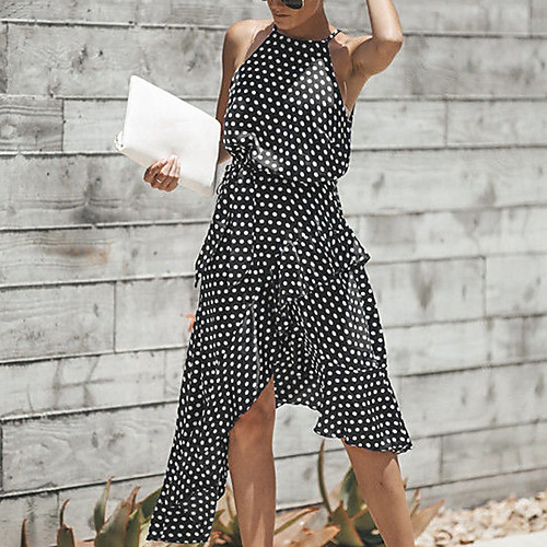 

Women's Blue Brown Dress Boho Going out Beach A Line Polka Dot Pleated S M