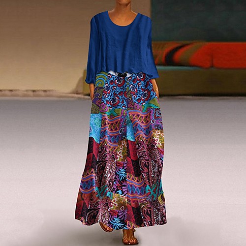 

Women's Maxi Two Piece Dress - 3/4 Length Sleeve Print Loose Blue Purple Orange M L XL XXL XXXL XXXXL XXXXXL