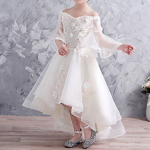 

A-Line Asymmetrical Party / Birthday Flower Girl Dresses - Tulle Half Sleeve Off Shoulder with Tier