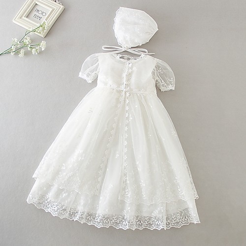 

A-Line Floor Length First Communion Christening Gowns - Polyester Sleeveless Jewel Neck with Lace / Bow(s)