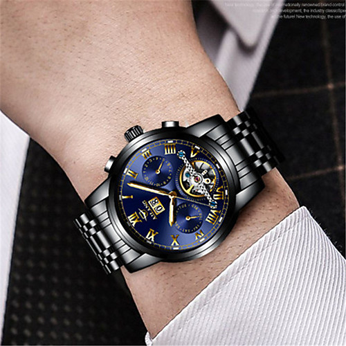 

Men's Steel Band Watches Automatic self-winding Tourbillion Stainless Steel 30 m Water Resistant / Waterproof Calendar / date / day Noctilucent Analog Fashion Cool - Black / Silver BlackGloden