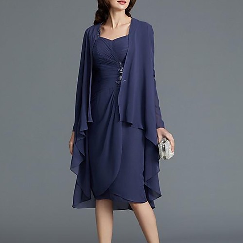 

Sheath / Column Scoop Neck Knee Length Chiffon Long Sleeve Sexy Mother of the Bride Dress with Beading / Draping Mother's Day 2020