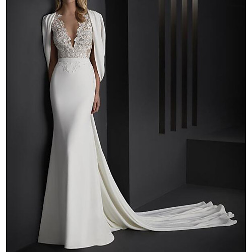 

Mermaid / Trumpet V Neck Sweep / Brush Train Stretch Satin Sleeveless Country Plus Size Wedding Dresses with Lace / Embroidery 2020