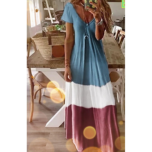 

Women's Maxi Red Green Dress Elegant Holiday Beach Home A Line Color Block V Neck S M Loose