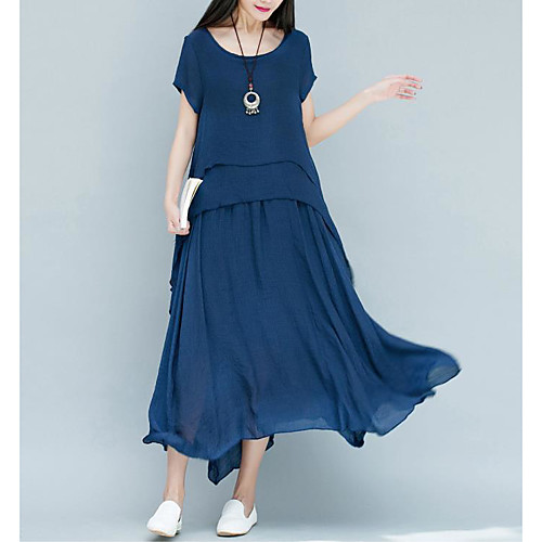 

Women's Maxi Loose Dress - Short Sleeves Solid Color Loose Khaki Green Navy Blue M L XL XXL