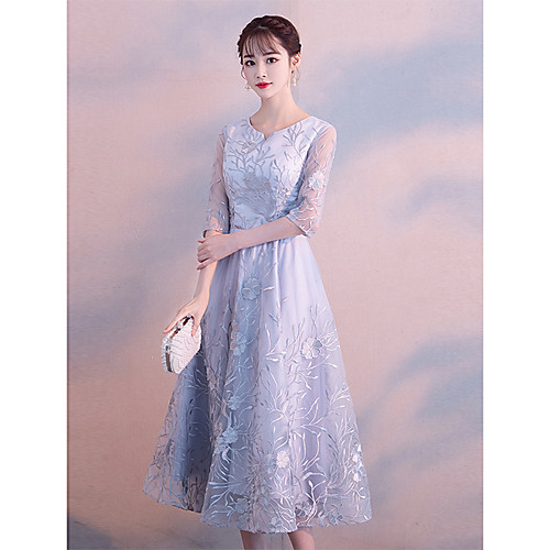 

A-Line Jewel Neck Tea Length Lace / Satin Elegant / Grey Cocktail Party / Prom Dress with Lace Insert / Pattern / Print / Appliques 2020