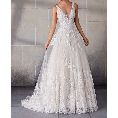 

A-Line Spaghetti Strap Sweep / Brush Train Lace / Tulle Sleeveless Country Plus Size Wedding Dresses with Lace Insert / Appliques 2020