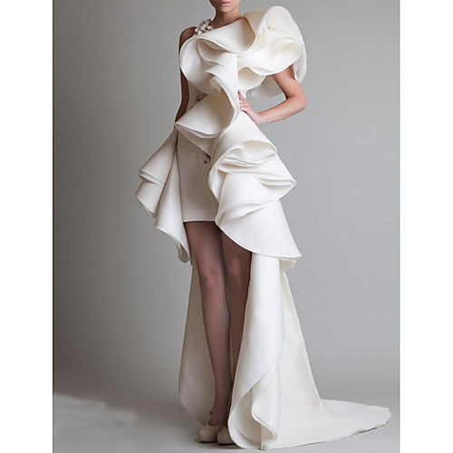 

Cascading Ruffles Vintage Organza Wedding Dresses 2020 Elegant Crew Neck Formal Bridal Gown Short African One Shoulder Asymmetrical Short Sleeve