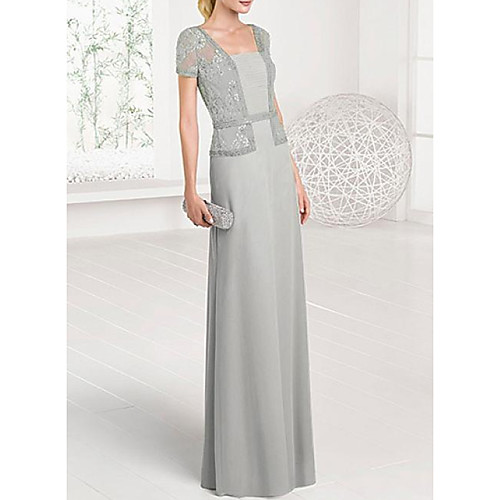 

Sheath / Column Mother of the Bride Dress Elegant Square Neck Floor Length Chiffon Lace Short Sleeve with Lace Beading 2020