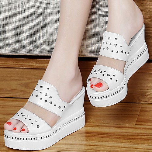 

Women's Slippers & Flip-Flops Wedge Heel Open Toe PU Summer White / Black
