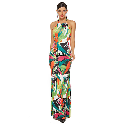 

Women's Rainbow Dress Sexy Party Bodycon Floral Puff Sleeve Blue & White Backless S M