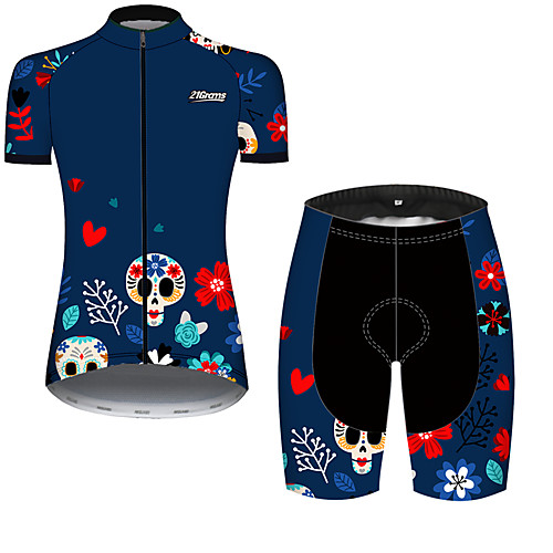 

21Grams Women's Short Sleeve Cycling Jersey with Shorts Blue Skull Floral Botanical Bike Breathable Quick Dry Sports Skull Mountain Bike MTB Road Bike Cycling Clothing Apparel / Micro-elastic