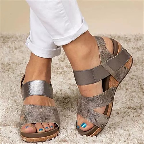 

Women's Sandals 2020 Wedge Heel Open Toe Rivet PU Sweet Walking Shoes Summer Light Brown / Khaki / Black / Party & Evening