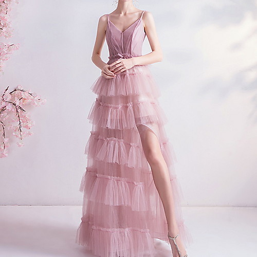 

A-Line Spaghetti Strap Floor Length Polyester Beautiful Back / Pink Engagement / Prom Dress with Split / Tier 2020